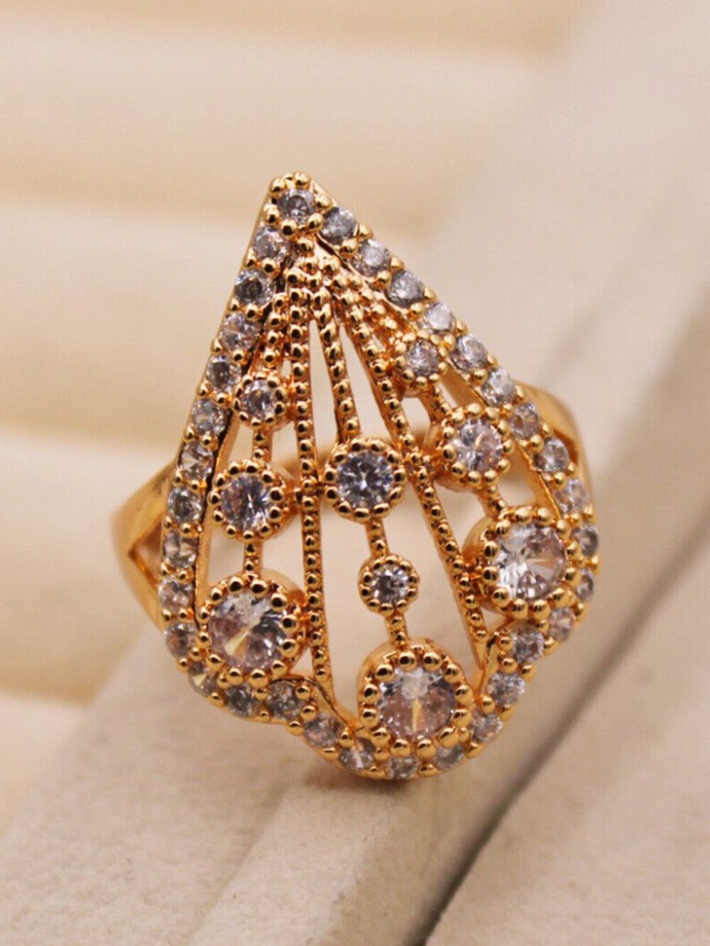 18K Yellow Gold Filled Filigree Teardrop White Diamond Zircon Ring Gorgeous Gift - Picture 3 of 4